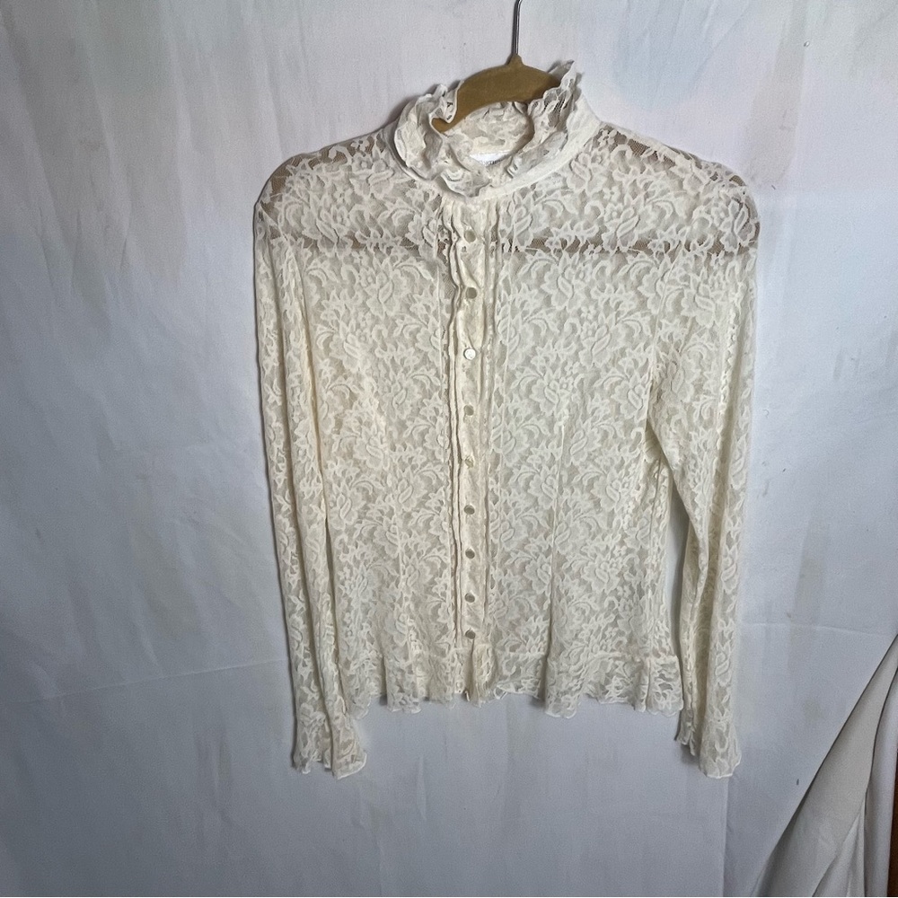 Worthington Stretch Ivory Lace Button-Up Blouse